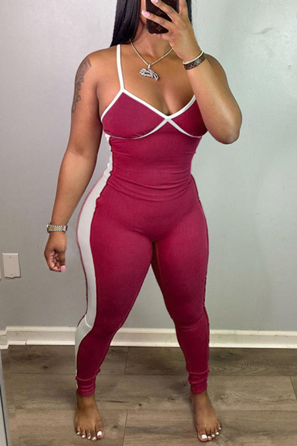Burgundy Sexy Casual Solid Patchwork Backless Spaghetti Strap Skinny Jumpsuits