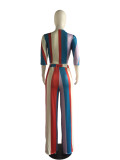 Multi-color Elastic Fly Mid Striped Loose Pants Two-piece suit
