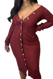 Red Casual Daily Nylon Solid Buttons V Neck Long Sleeve Mid Calf Straight Dresses