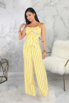 Yellow Fashion Sexy Print Patchwork zipper Striped Polyester Sleeveless Slip Jumpsuits