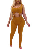 Brown Fashion Casual bandage Solid Polyester Sleeveless O Neck Jumpsuits