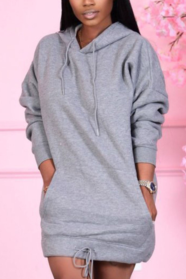 Grey Sweet Solid Patchwork Hooded Collar Pencil Skirt Dresses