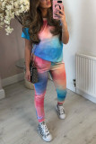 Pink Polyester Fashion Casual adult Patchwork Print Tie Dye Two Piece Suits pencil Short Sleeve Two Pieces