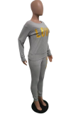 Grey Casual Solid Patchwork O Neck Long Sleeve Two Pieces