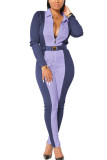 purple Fashion Sexy Adult Patchwork Solid Patchwork Turndown Collar Skinny Jumpsuits