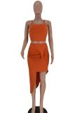 Orange Sexy Fashion Slim fit Two Piece Suits asymmetrical Solid perspective Regular Sleeveless T