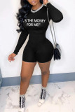 Black Fashion Casual Letter Print Basic O Neck Skinny Romper