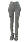 Grey Casual Solid Pocket Fold Boot Cut Patchwork Bottoms