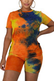 Orange Casual O Neck Print Tie Dye Pattern Plus Size