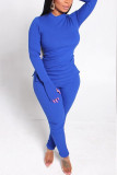 Baby Blue Casual Solid Split Joint Slit O Neck Long Sleeve Two Pieces