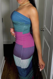 Purple Sexy Striped Split Joint Off the Shoulder Pencil Skirt Dresses