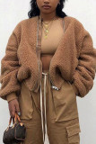 Brown Daily Solid O Neck Outerwear