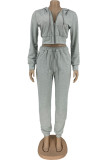 Grey Sportswear Solid Patchwork Hooded Collar Long Sleeve Two Pieces