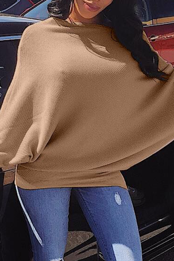 Khaki Casual Solid Patchwork O Neck Tops