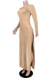 Grey Sexy Solid High Opening Slit Half A Turtleneck Pencil Skirt Dresses