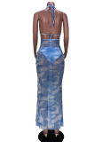 Sky Blue Sexy Print Patchwork Mesh Swimwears Three Pieces
