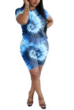 Blue Fashion Casual adult Patchwork Print Tie Dye Two Piece Suits pencil Short Sleeve Two Pieces
