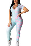 Pink Fashion Sexy Print Backless Milk. Long Sleeve Hooded Jumpsuits