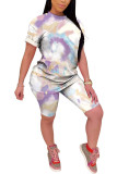 purple Polyester Fashion Casual adult Ma'am Patchwork Print Tie Dye Gradient Two Piece Suits pencil Short Sleeve Two Pieces