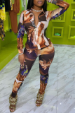 Multicolor Sexy Print Patchwork Turndown Collar Long Sleeve Two Pieces