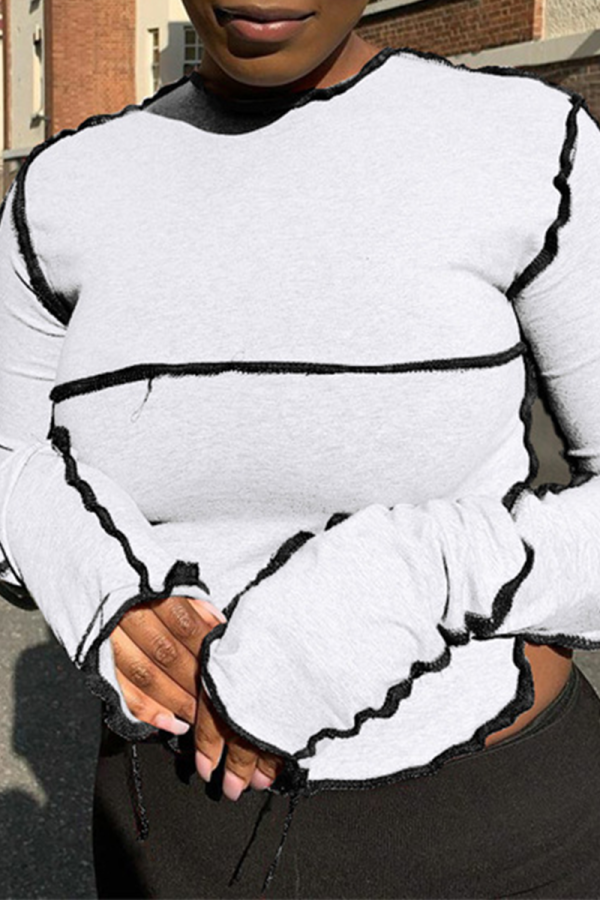 White Casual Solid Patchwork O Neck Tops