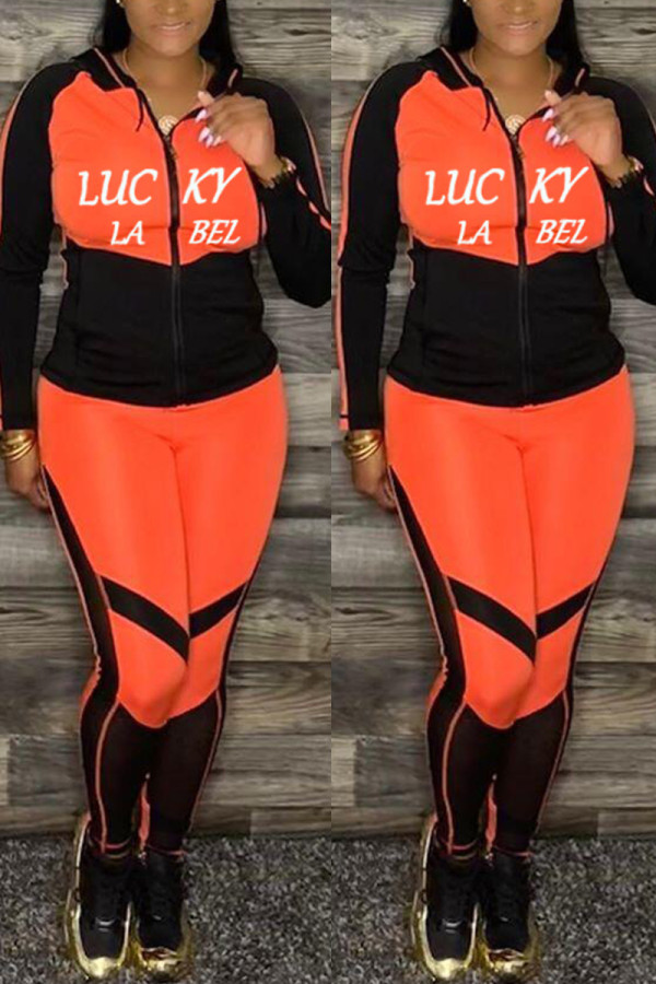 Orange Fashion Casual Letter Print Patchwork Hooded Collar Long Sleeve Two Pieces