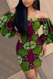 Green Work Print Bateau Neck Lantern Skirt Dresses