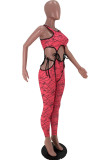 Red Sexy Print Bandage O Neck Sleeveless Two Pieces