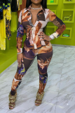 Multicolor Sexy Print Patchwork Turndown Collar Long Sleeve Two Pieces