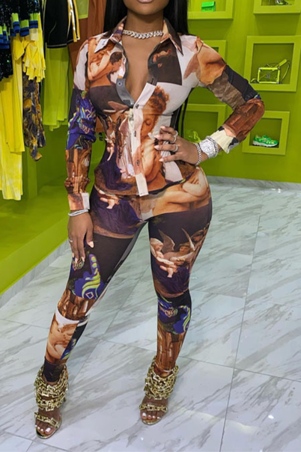 Multicolor Sexy Print Patchwork Turndown Collar Long Sleeve Two Pieces