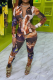 Multicolor Sexy Print Patchwork Turndown Collar Long Sleeve Two Pieces