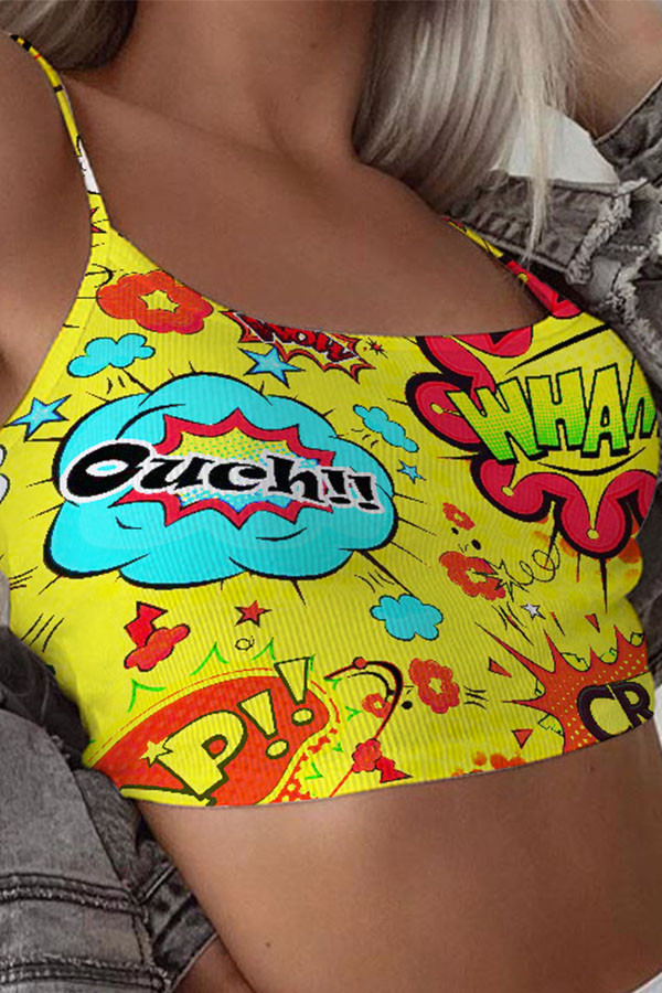 Yellow Slip Sleeveless Print Character Tops