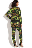 Green Polyester Elastic Fly Long Sleeve Mid Zippered Print Patchwork Straight Pants Two-piece suit