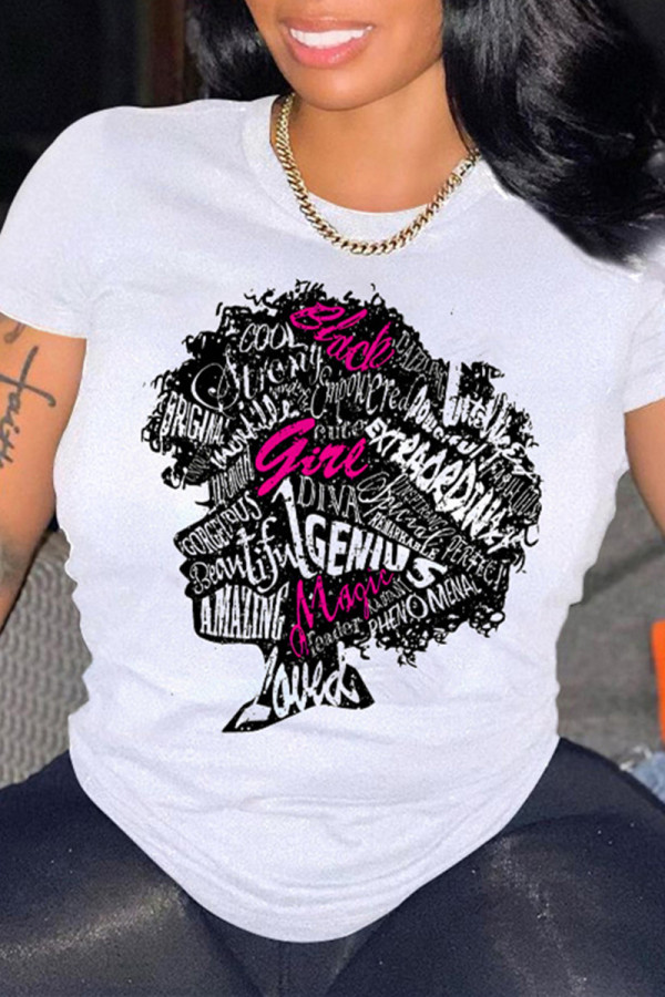 White Fashion Casual Print Basic O Neck T-Shirts
