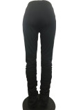 Black Celebrities Solid Fold Without Belt Regular Small Elastic Mid Waist Pencil Bottoms