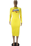 Yellow Fashion Casual Adult Polyester Print Split Joint O Neck Long Sleeve Knee Length A Line Dresses