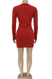 Grey Fashion Daily Adult Polyester Solid Split Joint O Neck Long Sleeve Mini Pencil Skirt Dresses