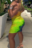 Blue Fashion Sexy Print Hollowed Out Backless Spaghetti Strap Sleeveless Dress
