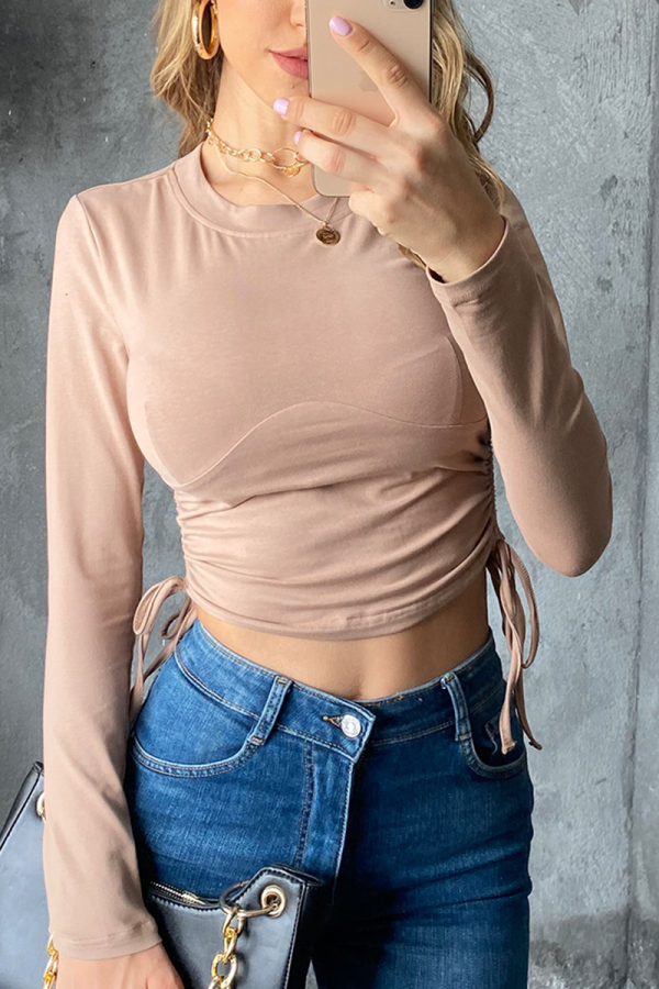 Khaki Casual Solid Draw String O Neck Tops