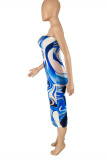 Blue Sexy Print Backless Strapless Sleeveless Dress