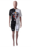 Black White Fashion Casual Print Patchwork O Neck Short Sleeve Two Pieces