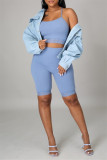 Blue Sexy Casual Solid Backless Spaghetti Strap Sleeveless Two Pieces