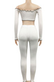 White Sexy Polyester Solid Split Joint Bateau Neck Long Sleeve Short Two Pieces