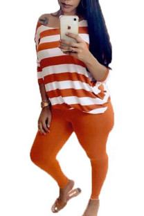 Orange Polyester Fashion Striped Two Piece Suits pencil Half Sleeve Two Pieces
