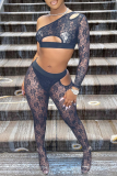 Black Sexy Solid Hollowed Out One Shoulder Long Sleeve Two Pieces