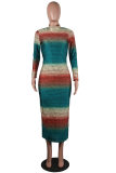 Multicolor Street Striped Patchwork O Neck Pencil Skirt Dresses