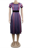 Purple Fashion Casual Striped Print Basic O Neck Short Sleeve Dress