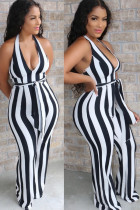 Black Fashion street Striped Backless Polyester Sleeveless V Neck Jumpsuits