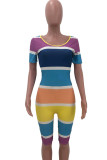 multicolor Fashion Sexy Striped Short Sleeve O Neck Jumpsuits