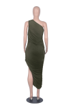 Khaki Casual Solid High Opening One Shoulder Sleeveless Dress Dresses